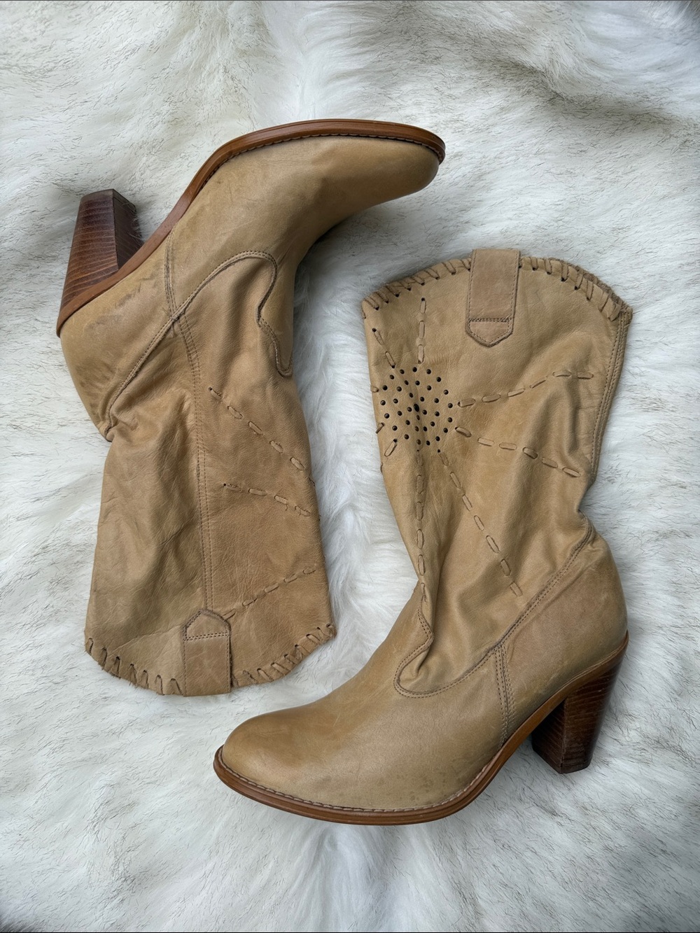 Vintage Fun Street Slouchy Mid-Calf Tan Leather Heeled Western Boots 👢